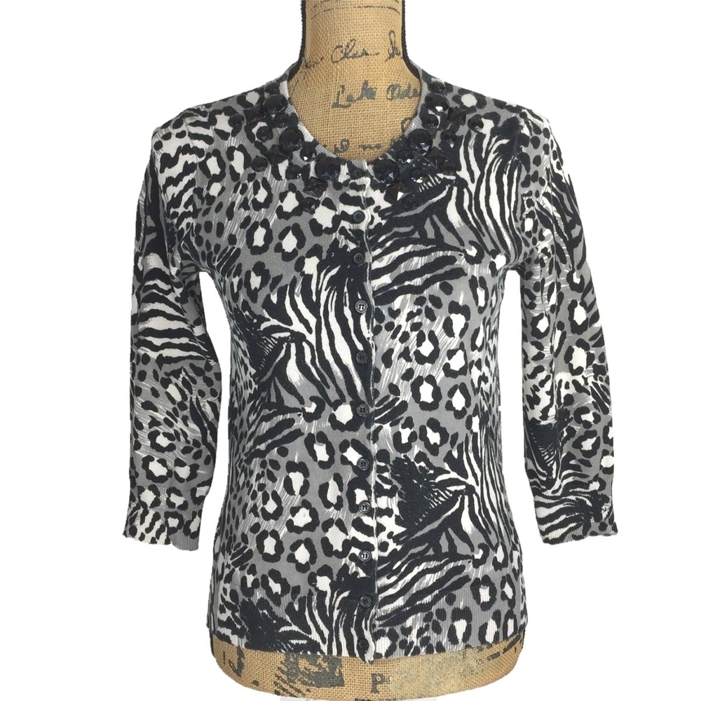 WD NY Cardigan SMALL Gray Black Zebra Dot 3/4 Sl Bead Embellish Knit Sweater